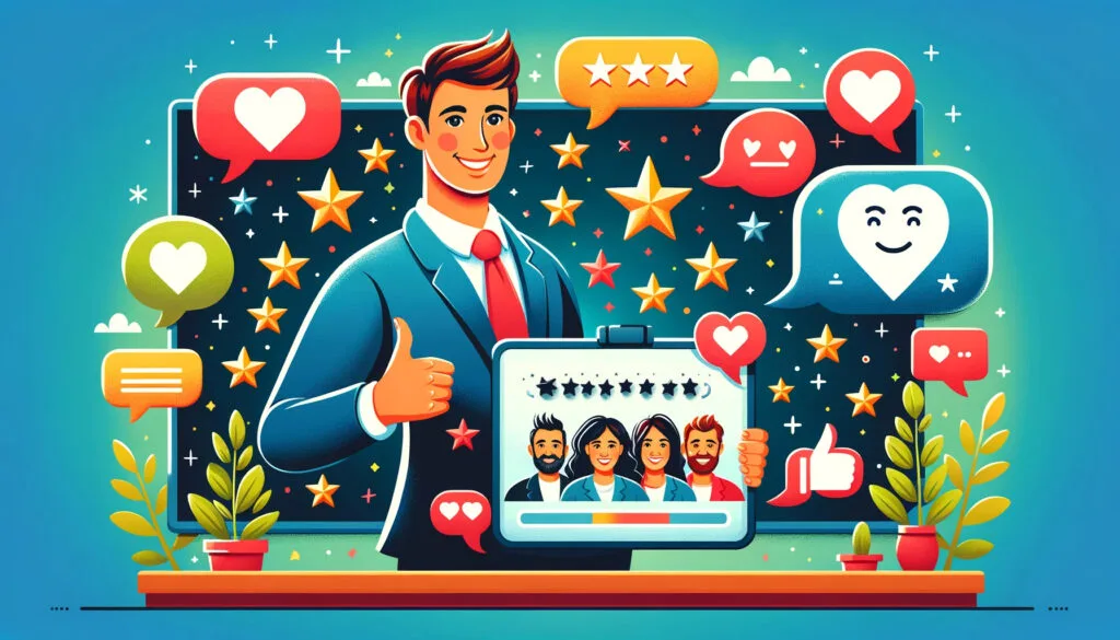 DALL·E 2024 06 06 21.30.01 A vibrant scene illustrating the concept of showcasing testimonials. The image features a businessperson displaying a board or screen with smiling cus 10 Reasons Why Every Business Needs a Professional Website