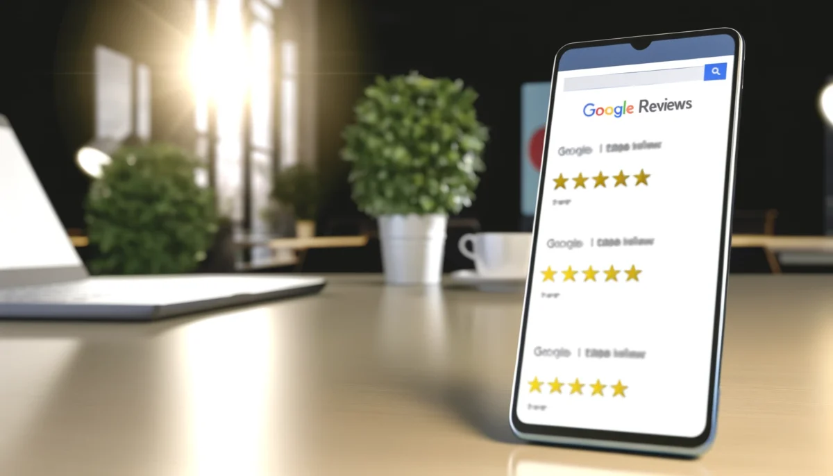 DALL·E 2024 06 09 17.22.18 A realistic image showing a smartphone on a table displaying a Google Reviews page with multiple 5 star ratings and positive comments. The background e1720141707515 7 Best Practices to Get More Positive Google Reviews for Your Business